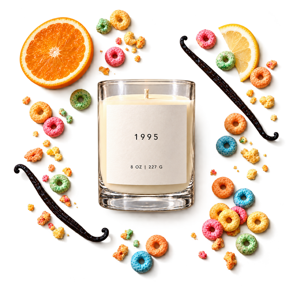 1995 candle with fruity cereal, citrus and vanilla — transparent scent scene
