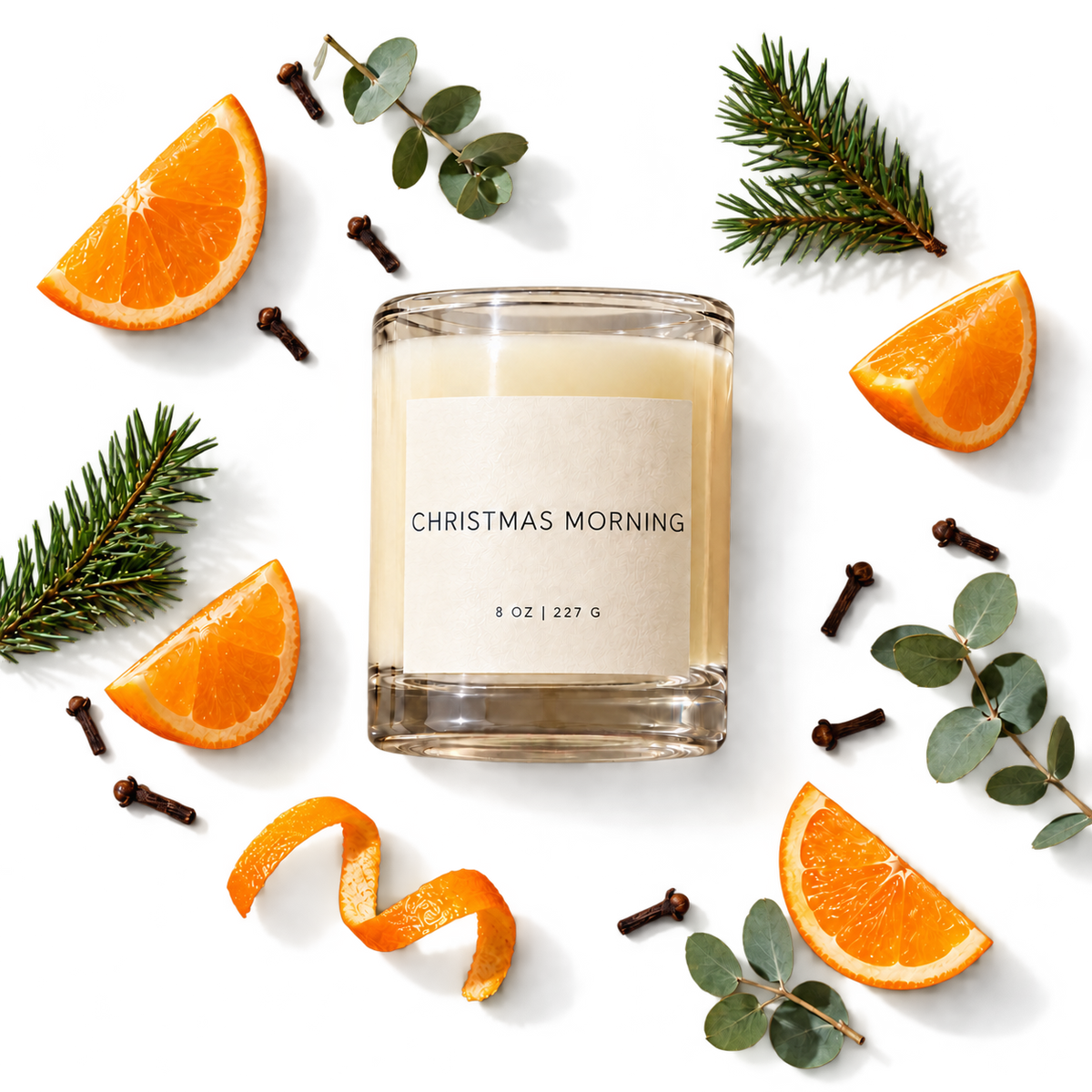 Lije Christmas Morning candle with scent ingredients, transparent background
