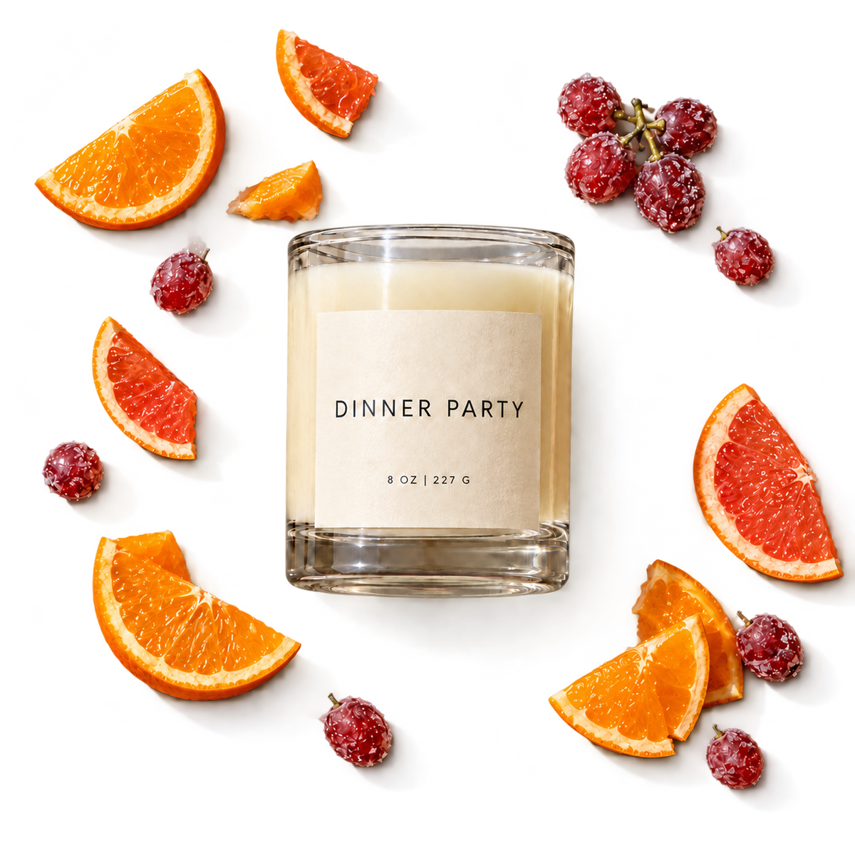 Lije Dinner Party candle with scent ingredients, transparent background