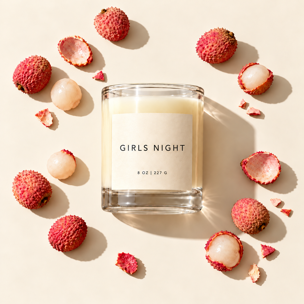 Girls Night candle surrounded by lychee fruit