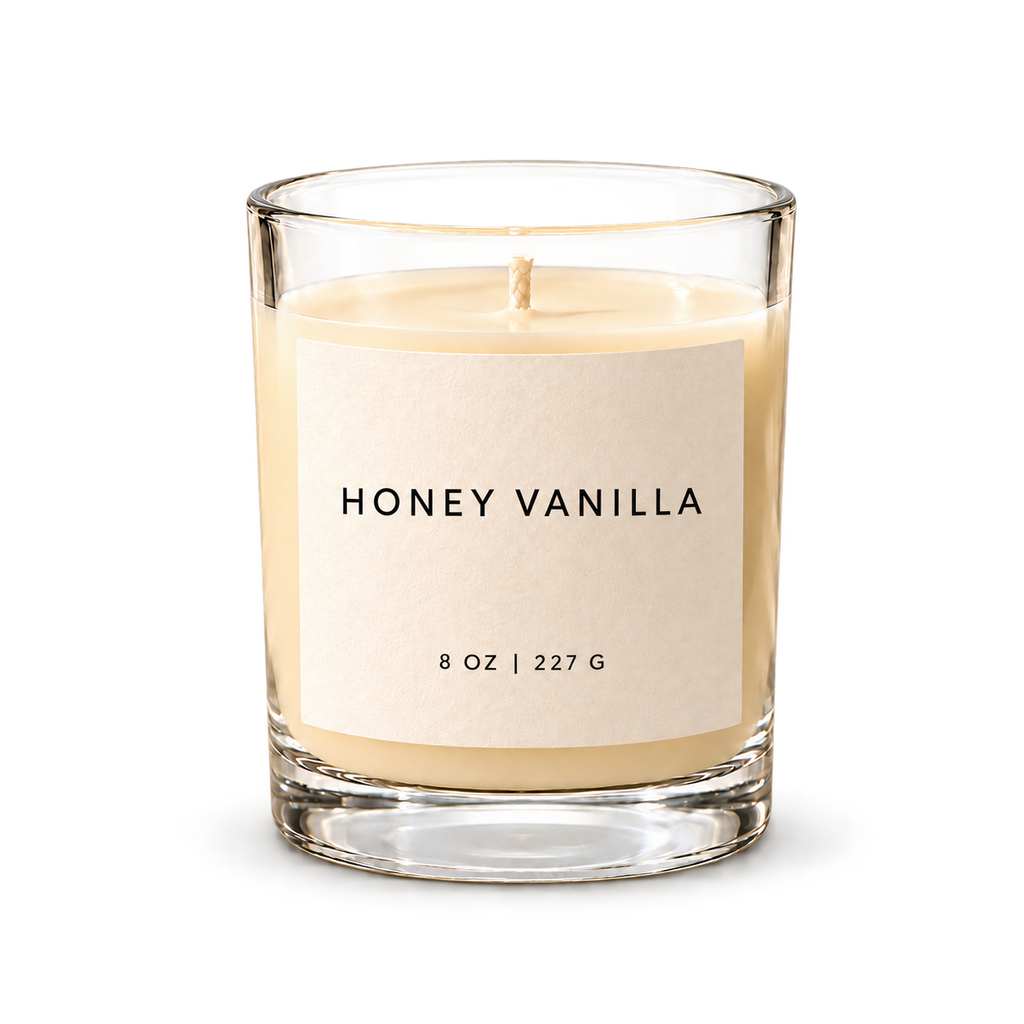 Lije Honey Vanilla — clear vessel, front view, transparent background