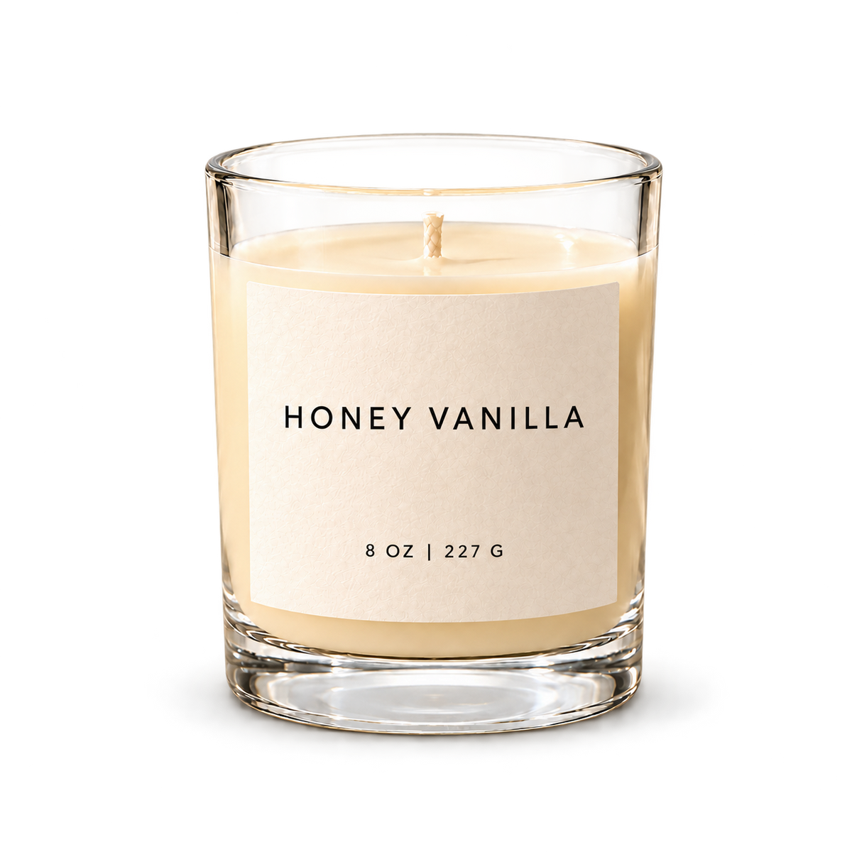 Lije Honey Vanilla — clear vessel, front view, transparent background