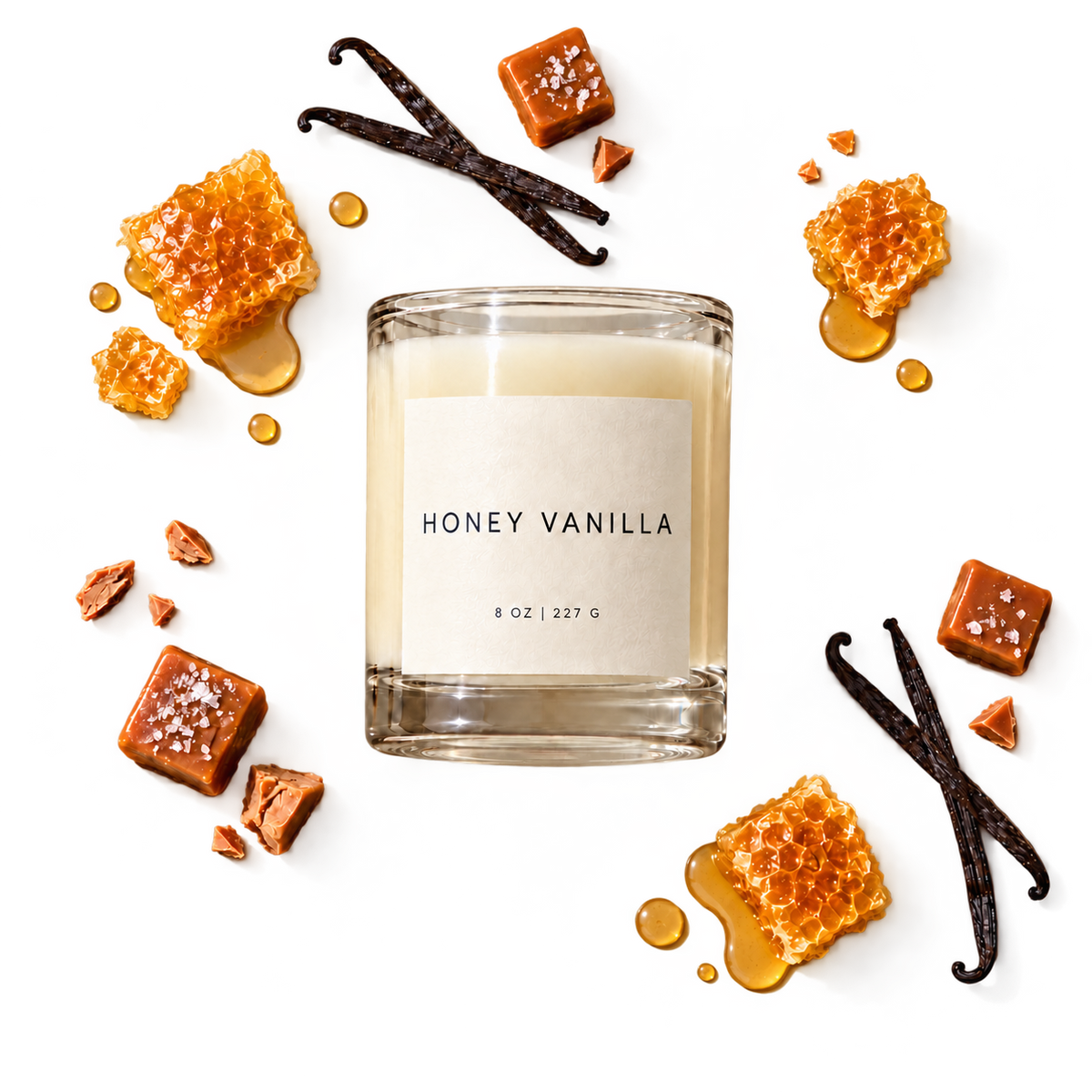Lije Honey Vanilla candle with scent ingredients, transparent background
