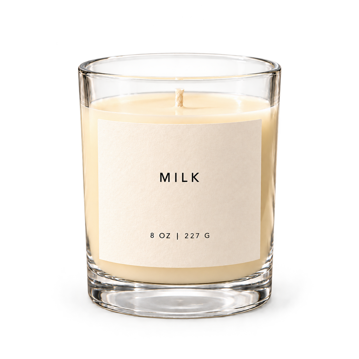 Lije Milk — clear vessel, front view, transparent background