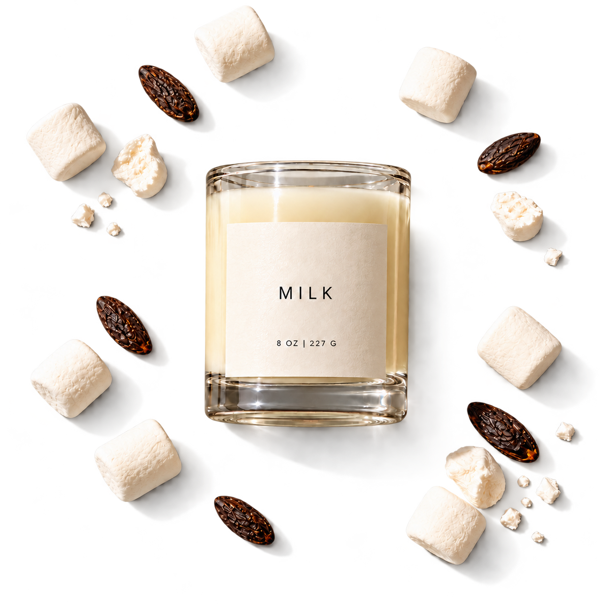 Lije Milk candle with scent ingredients, transparent background