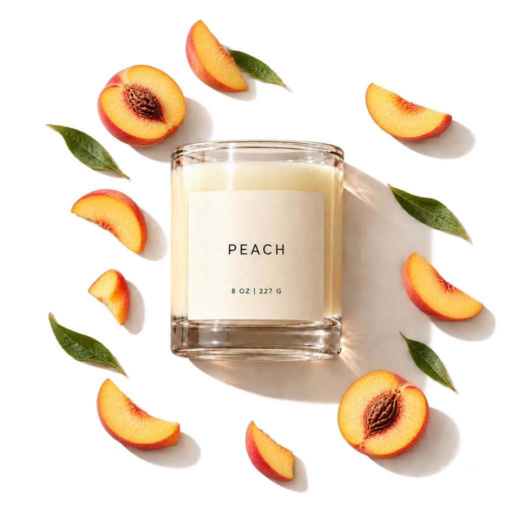 Peach candle with delicate scent ingredients on transparent background