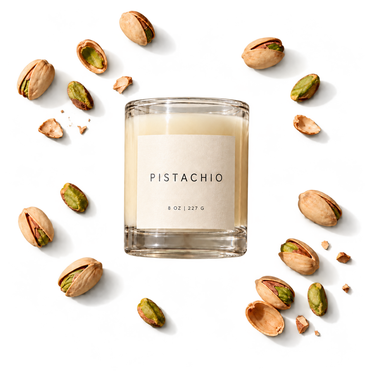 Lije Pistachio candle with scent ingredients, transparent background