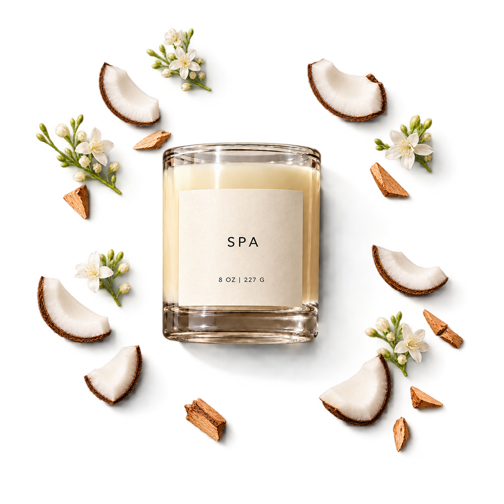 Spa candle with delicate scent ingredients on transparent background