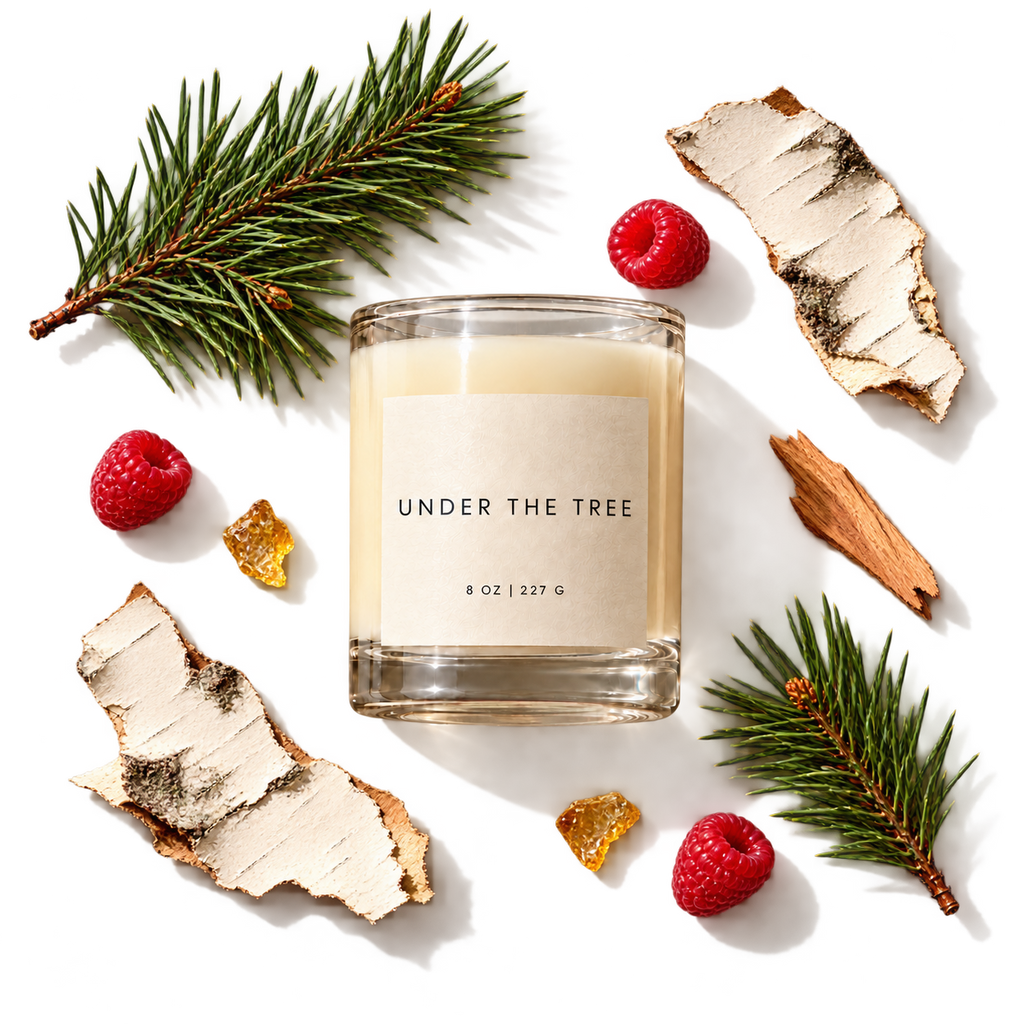 Under the Tree scent scene with pine, birchwood, raspberries, wood and amber