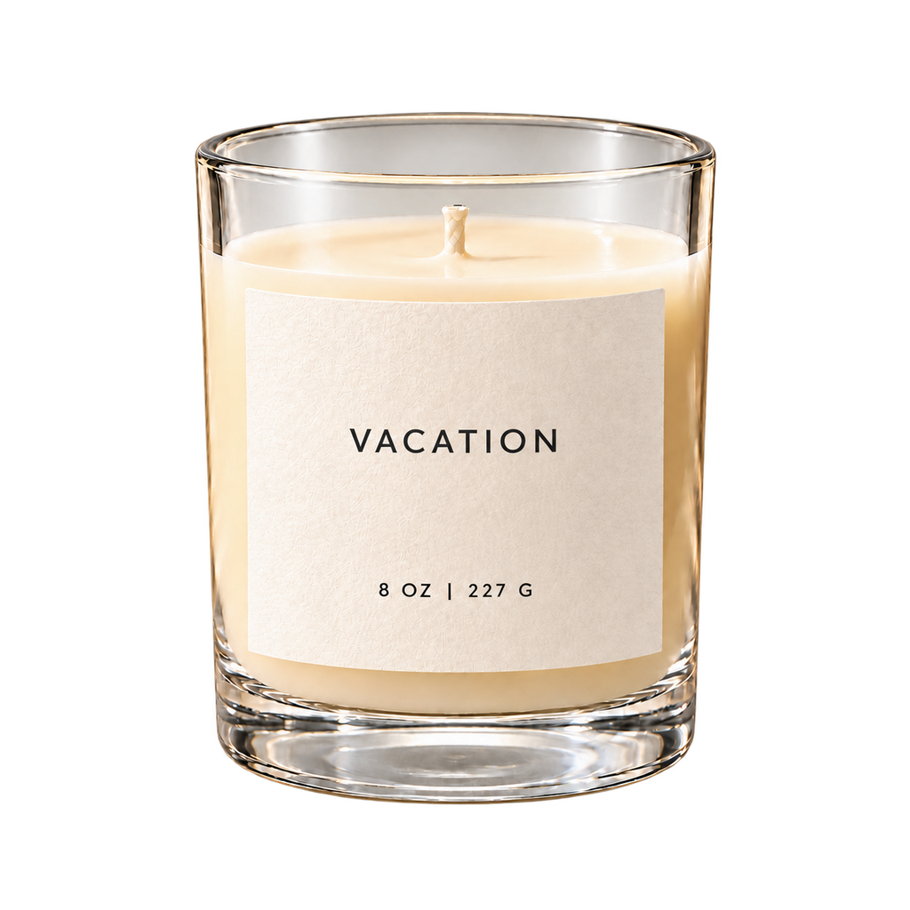Vacation candle in clear glass, front view