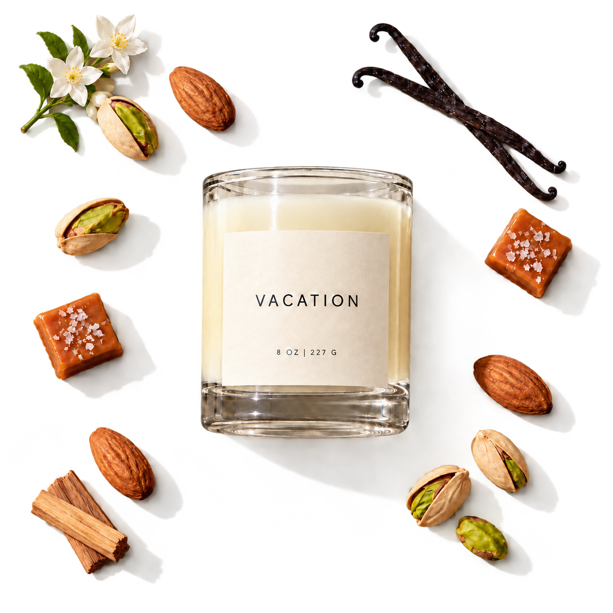 Lije Vacation candle with scent ingredients, transparent background